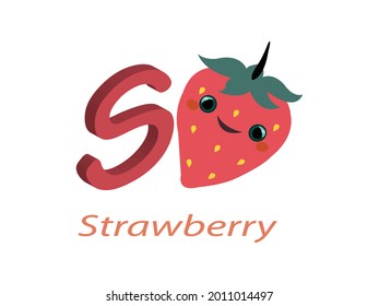 S for Strawberry Alphabet Vector illustration. Fruit and Vegetables Name Alphabet symbol. Kids Nursery isolated on white background, Clip Art, Cute, Cartoon ABC