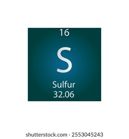 S Sulfur Non reactive metal Chemical Element Periodic Table. Simple flat square vector illustration, simple clean style Icon with molar mass and atomic number for Lab, science or chemistry class.