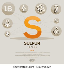 S (Sulfur)The periodic table element, letters and icons, Vector illustration.