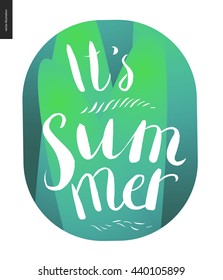 It s summer lettering - a vector cartoon white brush hand written lettering It s summer on green vegetable striped background