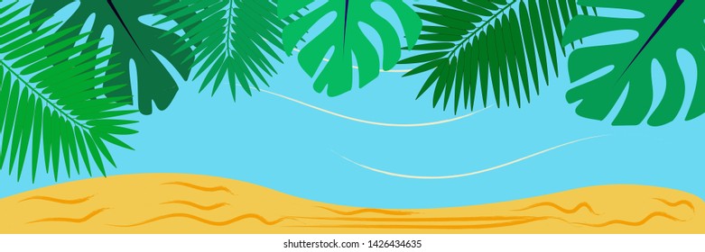 It s summer time background with palm trees and beach elements. Illustration of It s summer time background with palm trees and beach elements. Summer beach. Tropical panoramic Landscape.