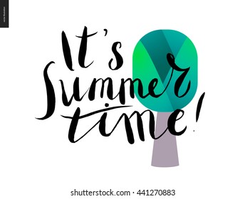 Es la escritura de verano y un árbol - una caricatura vectorial rotulador negro con letras escritas a mano