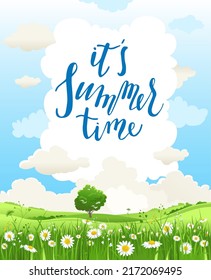 It s summer time vector landscape with trees and meadow of flowers. Sky, clouds and green grass.