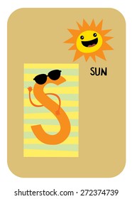 S for sun alphabet flashcards template for baby vector/illustration