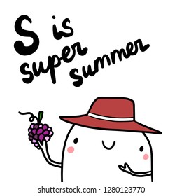 S is super summer hand drawn illustration with cute marshmallow holding grape