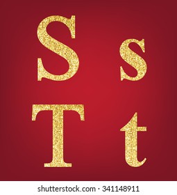 S T alphabet set  made up of gold spangles on the red background