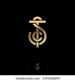 S, T and C letters. S, T, C monogram consist of gold line like anchor. Intertwined letters, isolated on a dark background. Monochrome option.