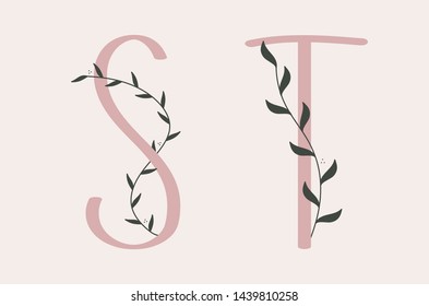 S and T letter set of a pink alphabet with floral elements.