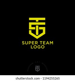 S, T letters. S and T monogram consist of gold lines looks like as shield. Intertwined letters, isolated on a dark background. Team Sports Logo.