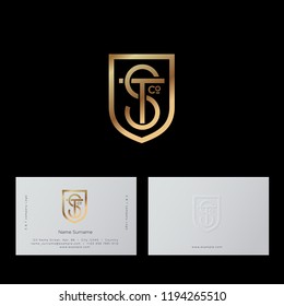 S, T letters. S and T monogram consist of gold line and shield. Intertwined letters, isolated on a dark background. Monochrome option.