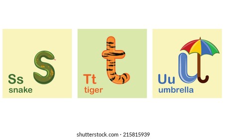 S, T, U, Children Alphabet, Kids Letters, Vector Illustration, 