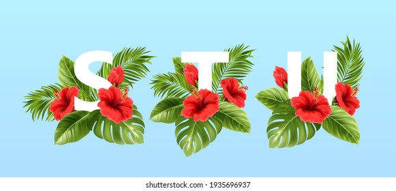 letras S T U rodeadas de hojas tropicales de verano y flores de hibisco rojo. Fuente tropical para la decoración de verano. Ilustración del vector EPS10