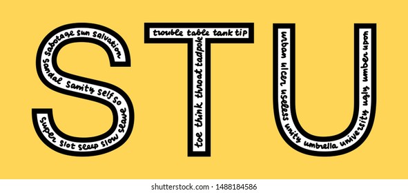 S T U letters with words inside hand drawn lettering in cartoon style yellow background