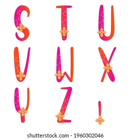 Caracteres S T U V W X Y Z. Alfabeto gradiente rosa y naranja con gemas. Cartas vectoriales con patrón de piedra gemela. Alfabetos de ilustración para educación, joyas y joyas. 