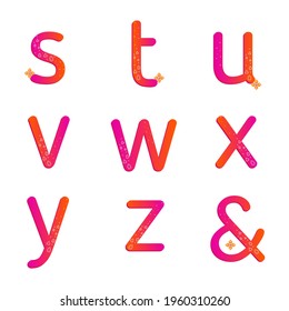 S T U V W X Y Z lowercase characters. Orange pink gradient lowercase alphabet with gems. Vector letters with gemstone patterns and flower. Illustration alphabets for gems and jewelry.