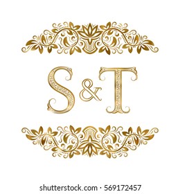 S and T vintage initials logo symbol. The letters are surrounded by ornamental elements. Wedding or business partners monogram in royal style.