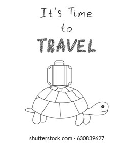 It s Time to Travel. Turtle goes on a trip with a suitcase in linear style. Template for card, flyer, packaging Vector illustration