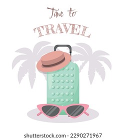 It s Time to Travel. Travel to World. Vacation. Tourism. Travel banner. Journey. Travelling illustration palm tree with suitcase  on a white background