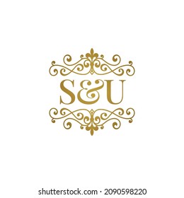 S U initials logo ornament gold. Letter SU wedding ampersand or business partner symbol.	