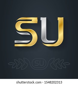 S and U - initials or logotype. SU - abbreviation. Metallic 3d icon or logotype template. Design element with lineart option. Vector. Gold logo inlaid with silver.