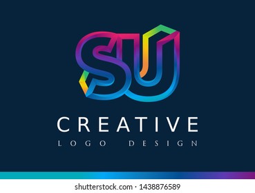 S U Logo. SU Letter Design Vector with Magenta blue and green yellow color