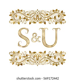 S and U vintage initials logo symbol. The letters are surrounded by ornamental elements. Wedding or business partners monogram in royal style.
