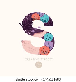 s Uppercase alphabet letters with bushes, leaves and botanical elements isolated on background : Vector Illustration