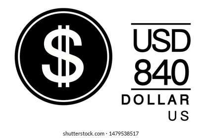 S, USD, 840, Dollar, US Banking Currency icon typography logo banner set isolated on background. Abstract concept graphic element. Collection of currency symbols ISO 4217 signs used in country