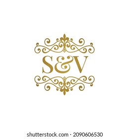 S V initials logo ornament gold. Letter SV wedding ampersand or business partner symbol.	