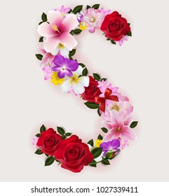 S, vector font with realistic of beautiful tropical flowers on background color.