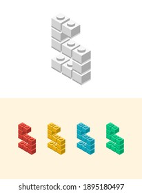 S vector letter with colourful plastic toy brick, isolated isometric 3d childish block font. Perfect for kids labels, birthday and kindergarten posters, school style, children magazines etc.