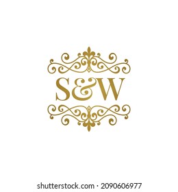 S W initials logo ornament gold. Letter SW wedding ampersand or business partner symbol.	