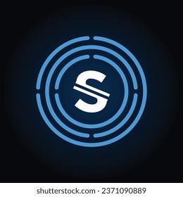 S white letter icon design with blue circles. Alphabet logo design. Corporate branding and lettering icon with simple design.