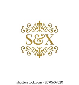 S X initials logo ornament gold. Letter SX wedding ampersand or business partner symbol.	