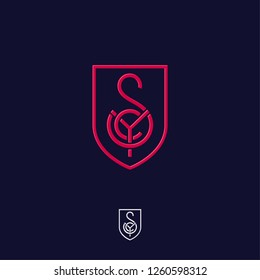 S, Y and C letters. S, Y, C monogram consist of red lines, in a shield, isolated on a dark background. 