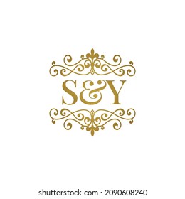 S Y initials logo ornament gold. Letter SY wedding ampersand or business partner symbol.	