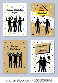 It s Your happy birthday, vector illustrations with black silhouettes of joyful people, time to keep calm and celebrate, lot of color stars and dots