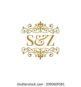 S Z initials logo ornament gold. Letter SZ wedding ampersand or business partner symbol.	