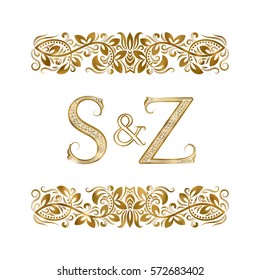 S and Z vintage initials logo symbol. The letters are surrounded by ornamental elements. Wedding or business partners monogram in royal style.