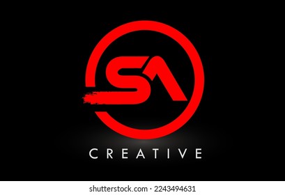 Diseño del logotipo de la carta de pincel de SA con círculo rojo. Logo de Creative Brushed Letters.
