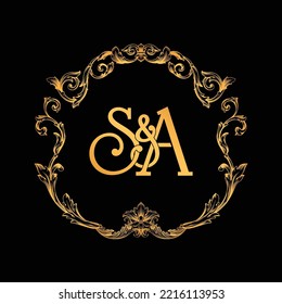 SA Kombinationstext-Logo. Kurzes Briefkonzept mit viktorianischem Barockstil. Typografie für Hochzeit und Einladung Logo einzeln auf schwarzem Hintergrund.