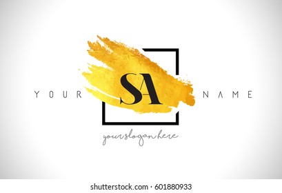 SA Golden Letter Logo Design mit Creative Gold Brush Stroke und Black Frame.