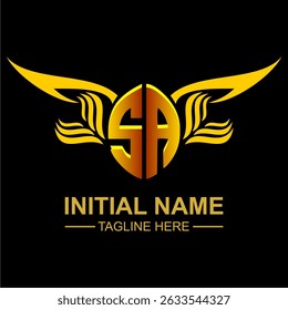 SA Golden Wing Emblem Logo with elegant gold wings, sleek and modern design. Ideal for branding, creative projects, luxury businesses, or artistic ventures.