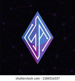 SA Initial letter block chain logo icon vector template. Looping mono line circuit letter on rhombus cube logo