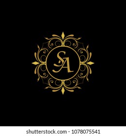 SA Initial logo. Ornament ampersand monogram golden logo black background