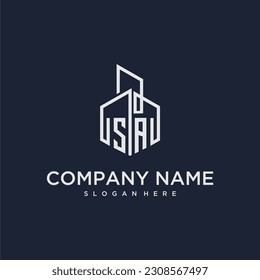 SA initial monogram logo for real estate with building style