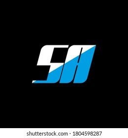 SA-Icon-Design. SA-Symbol auf weißem und blauem Buchstaben, Symbol auf schwarzem Hintergrund. S A