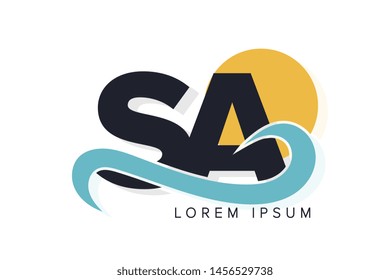 SA letter logo with ocean waves and sunset. Beach concept design