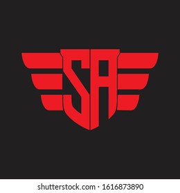 SA Logo monogram with emblem and wings element design template on red colors