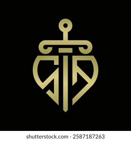 SA Logo monogram with sword and shield combination isolated with gold colors